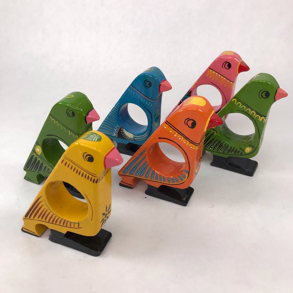 Vintage Sri Lanka Hand Painted Wood Bird Napkin Rings Set of 6 Folk Art